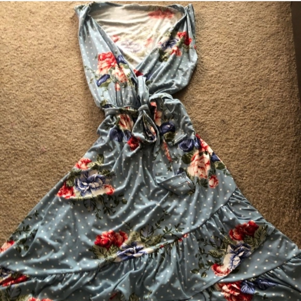 Blue Floral Polka Dot Maxi Dress